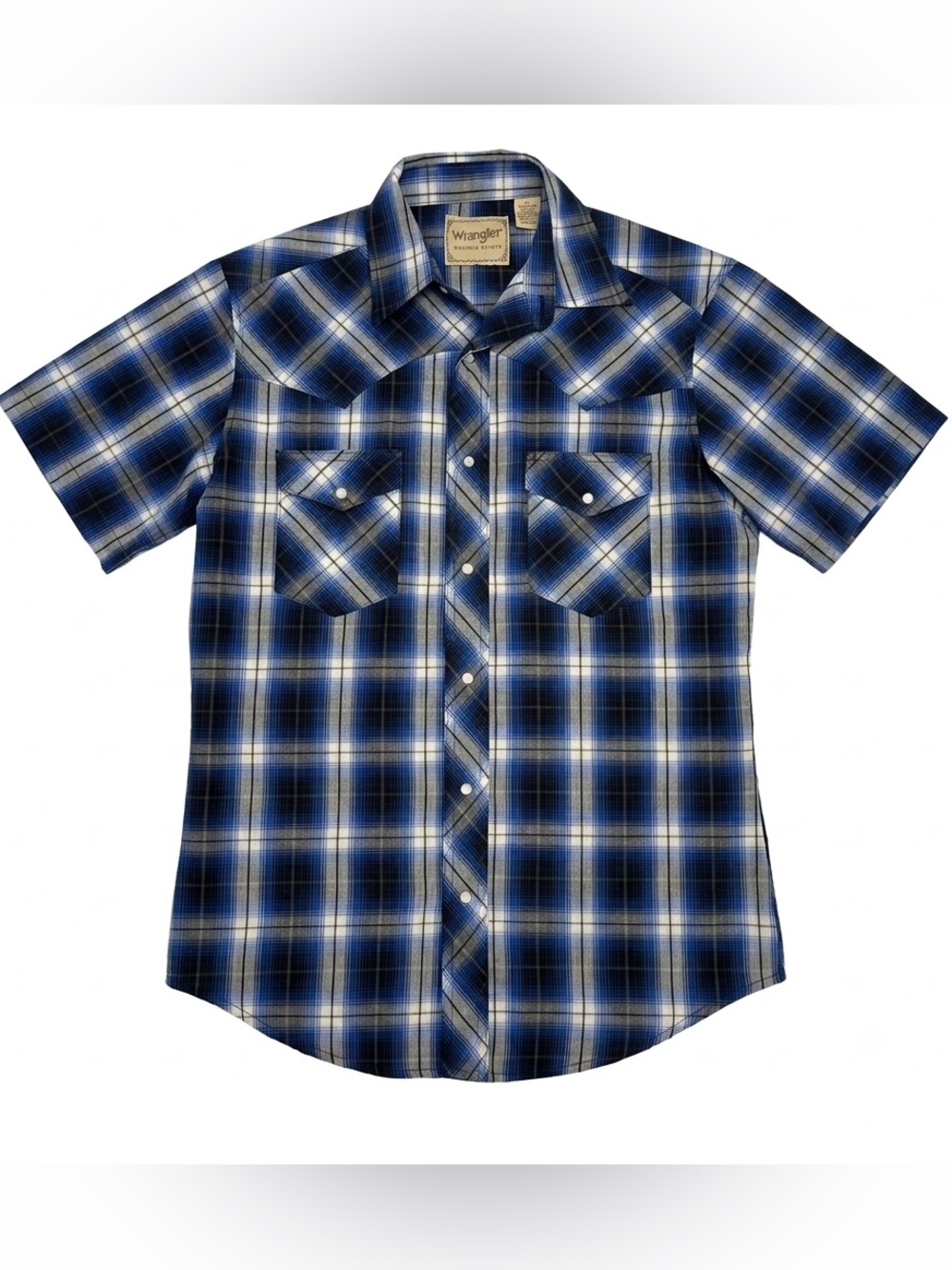 Wrangler Shirt Mens M Blue Plaid Western Pearl Snap Short Sleeve Cowboy Rodeo